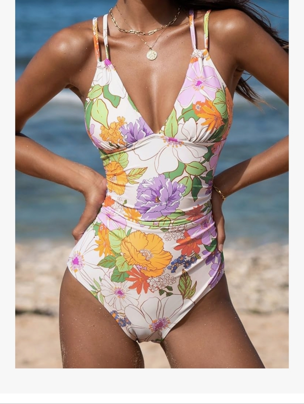 Floral One-Piece  Swimwear in White with Multicolor Flowers Small